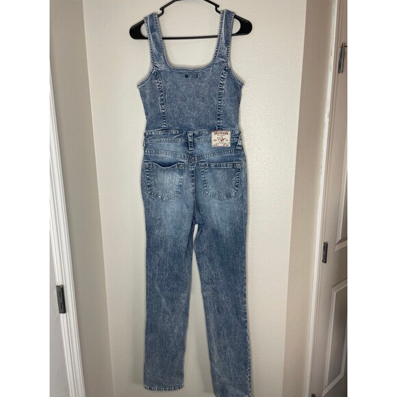 True Religion Denim Jumpsuit Womens Size S Blue Front Zip Slit Overalls - Picture 3 of 9